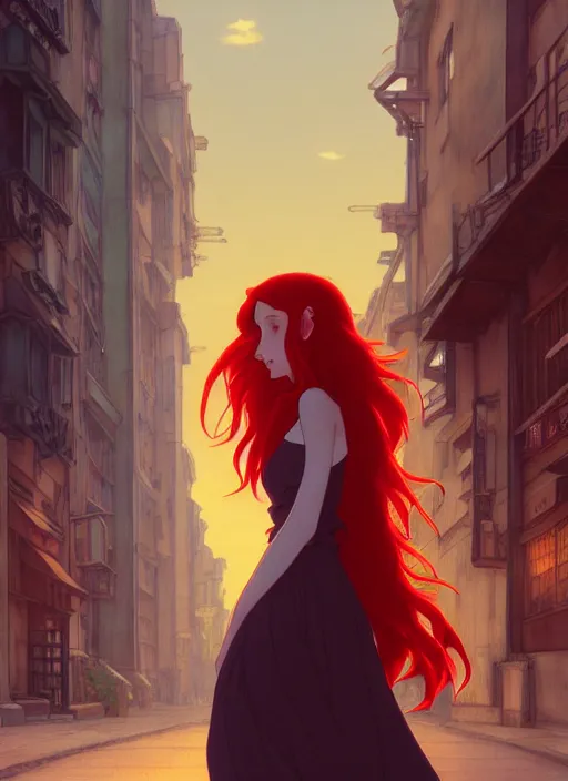 Image similar to beautiful young woman with long red hair walking down city street at night, path traced, highly detailed, high quality, digital painting, by studio ghibli and alphonse mucha, leesha hannigan, makoto shinkai, disney