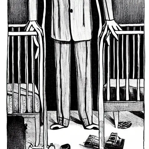 Prompt: “slenderman standing over a girl in a crib, style of Edward Gorey”