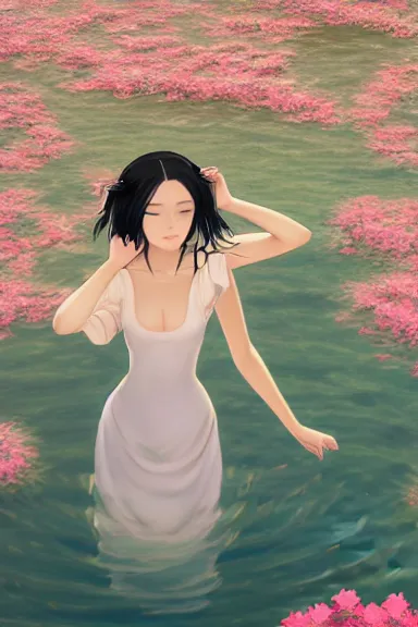 Image similar to mysterious girl with her long black hair dressed in a simple white dress swimming in a lake with flowers, anime art style, digital art by ilya kuvshinov, inspired by balthus, hd, 4 k, hyper detailed, side view