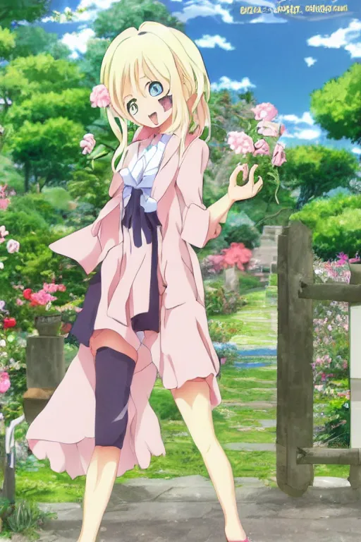 Image similar to a very cute art of a smiling blonde anime girl idol walking at the garden, mouth open, cheeky, in the style of anime, near a stone gate