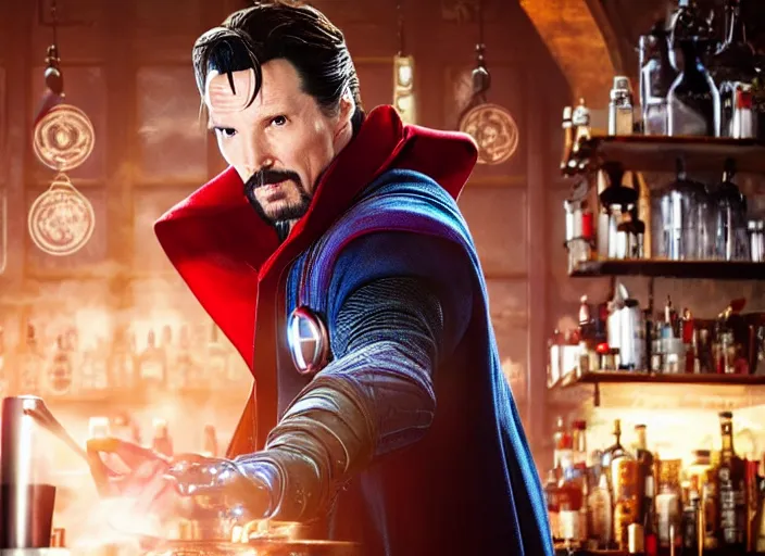 Image similar to film still of Doctor Strange working as a bartender in the new Avengers movie, 4k