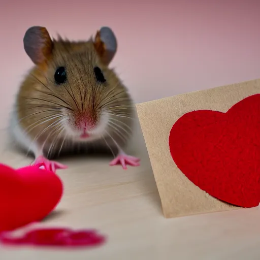 Prompt: detailed photo of a hamster holding a valentine's letter, various poses, full body, unedited, daylight, dof, sharp focus, 8 k