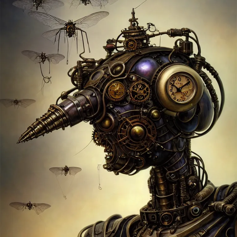 Prompt: portrait shot of a steampunk robot the mosquito, unreal engine realistic render, 8 k, micro detail, intricate, elegant, highly detailed, centered, digital painting, artstation, smooth, sharp focus, illustration, artgerm, tomasz alen kopera, peter mohrbacher, donato giancola, joseph christian leyendecker, wlop, boris vallejo