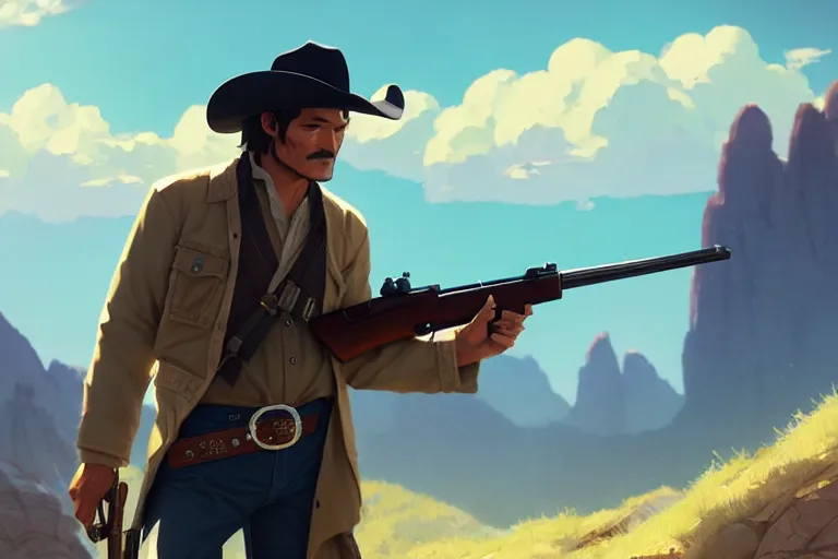 Prompt: old pedro pascal as a cowboy with a beautiful rifle, single subject, mountaineous background, scenic full shot, ambient lighting, detailed face, by makoto shinkai, stanley artgerm lau, wlop, rossdraws