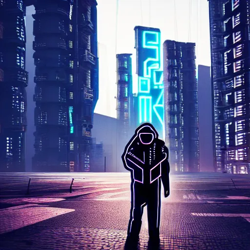 Prompt: gopnik with cyber hands on the background of cyberpunk city