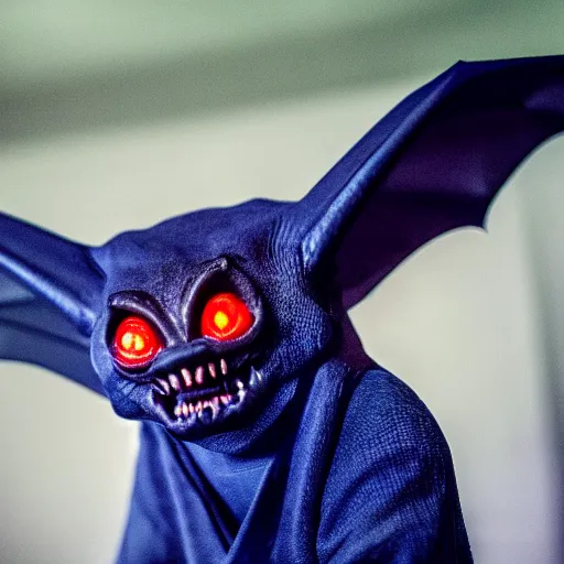 Image similar to detailed photo of scary giant mutant dark blue humanoid pygmy-bat, glowing red eyes, sharp teeth, acid leaking from mouth, realistic, giant, bat ears, bat nose, bat head, detailed 85mm f/1.4