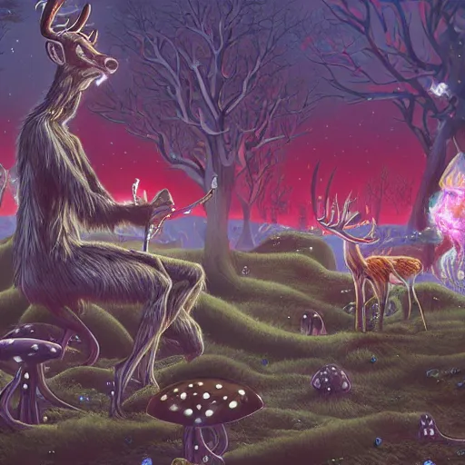 Image similar to 4 k headshot portrait of a psychedelic demonic anthropomorphic deer - horned wendigo smoking a hand - rolled cigarette smoking heavily, magic mushroom village in background. award winning. superb resolution. in the art style of junji ito and greg rutkowski. detailed mushroom city in background. hyper realistic anime. perfect art. dalle 2