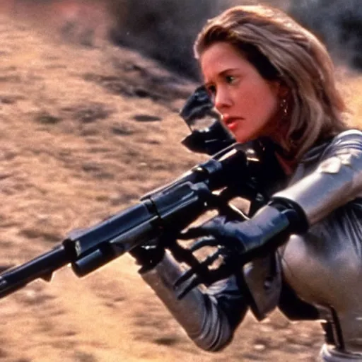 Prompt: A film still of a female Terminator holding a gun and riding a motorcycle