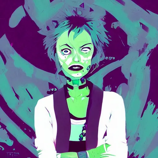 Image similar to Highly detailed portrait of a punk zombie young lady by Atey Ghailan, by Loish, by Bryan Lee O'Malley, by Cliff Chiang, inspired by iZombie, inspired by graphic novel cover art !!!green, brown, black and purple color scheme ((dark blue moody background))