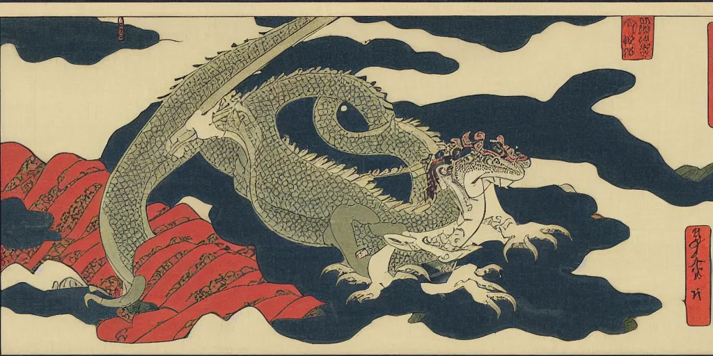 Image similar to ukiyo - e woodblock print of a water dragon flying over a shinto shrine, by hokusai