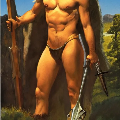 Prompt: boris vallejo joe biden as weary shirtless barbarian in medieval battlefield