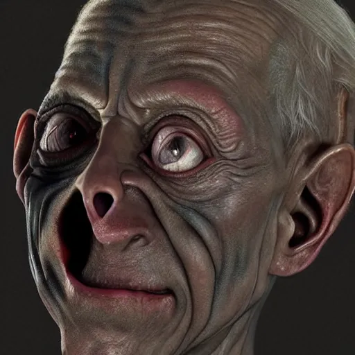 Image similar to hyperrealistic mixed media high resolution painting of Joe Biden disguised as Gollum skulking in a dark cave, stunning 3d render inspired art by Jamie Salmon and István Sándorfi and Unreal Engine and Greg Rutkowski, perfect facial symmetry, realistic flesh, dim volumetric lighting, 8k octane beautifully detailed render, full body shot, post-processing, extremely hyper-detailed, intricate, epic composition, highly detailed attributes, highly detailed atmosphere, cinematic lighting, masterpiece, trending on artstation, very very detailed, masterpiece, stunning, flawless completion, lifelike texture, perfection,