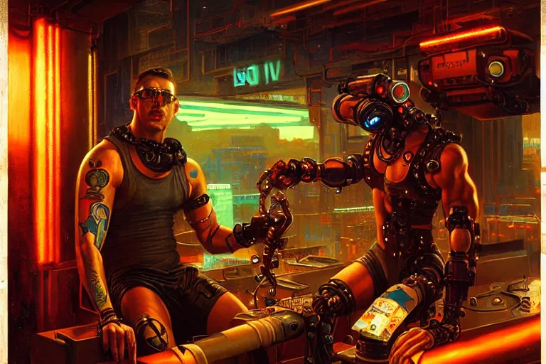 Image similar to cyberpunk style, attractive muscular male with tattoo, robotic arm, neon lights, cool tint, painting by gaston bussiere, craig mullins, j. c. leyendecker, tom of finland