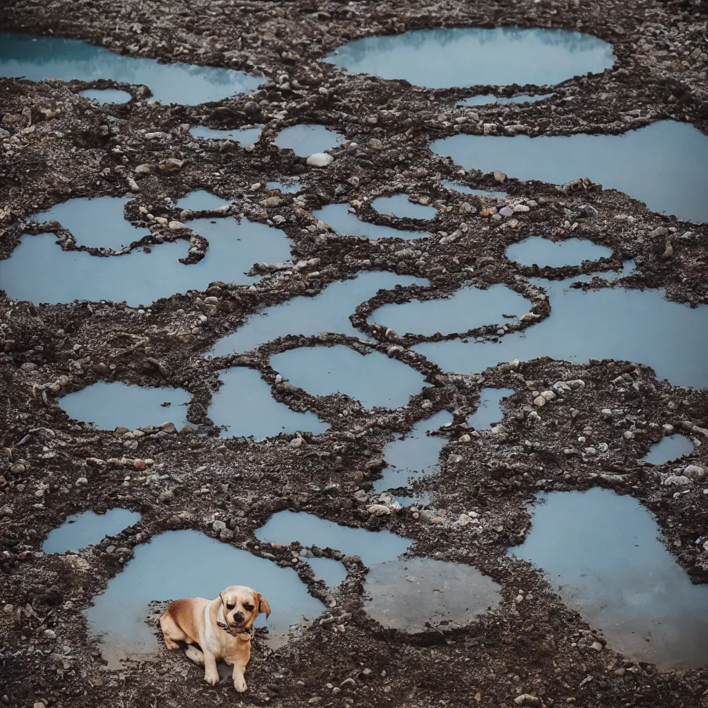 Prompt: a dog buried in oil and crossed by delicate porcelain rusty pipes in a glowing iridiscent lake, leica, 2 4 mm