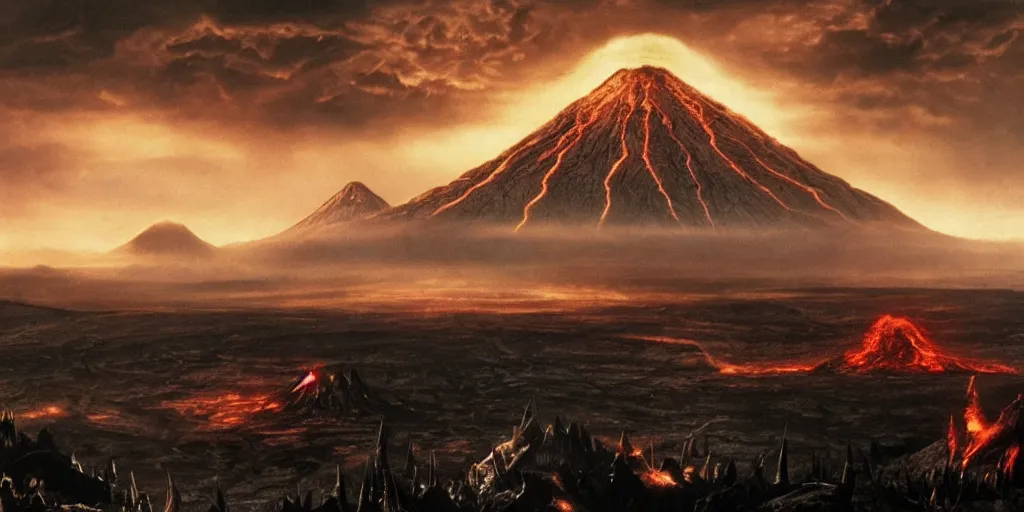 Prompt: lord of the rings movie still, directed by ridley scott in the style of h. r. giger, landscape of mordor with mount doom erupting in the background and barad - dur in the foreground, dark, cinematic, cinemascope