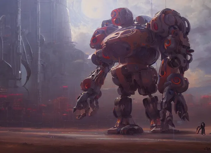 Image similar to an intricate oil painting of a giant anime robot with rounded and circular parts by steve henderson and greg rutkowski