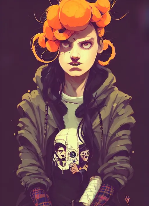 Image similar to highly detailed portrait of a sewer punk lady, tartan hoody, ringlet hair by atey ghailan, by greg rutkowski, by greg tocchini, by james gilleard, by joe fenton, by kaethe butcher, gradient orange, black, cream and white color scheme, grunge aesthetic!!! ( ( graffiti tag wall background ) )