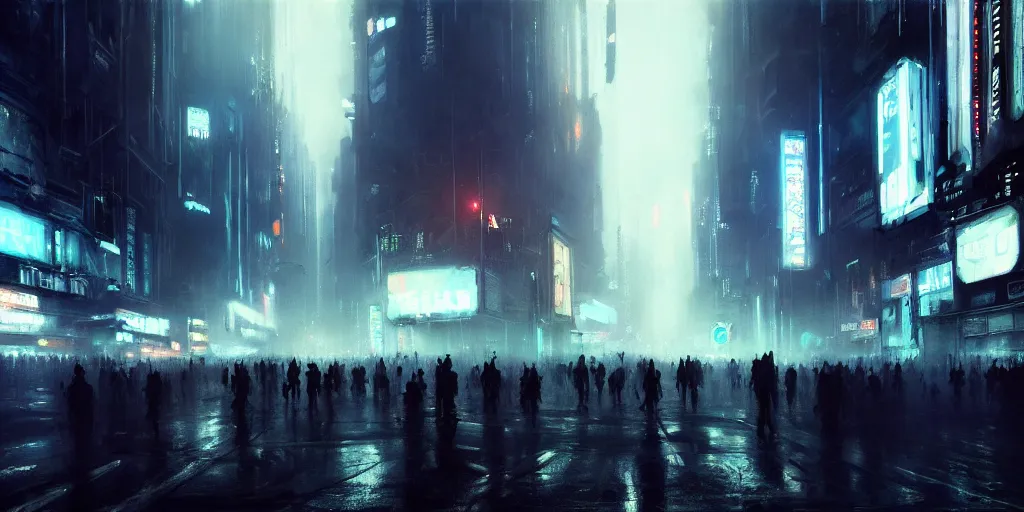 Image similar to beautiful painting by jeremy mann, large crowd in a cyberpunk street, still from tron legacy movie, desaturated, oil painting, perfect composition, detailed octane render trending on artstation, volumetric fog, ominous, unsettling, 8 k artistic photography, volumetric cinematic perfect light