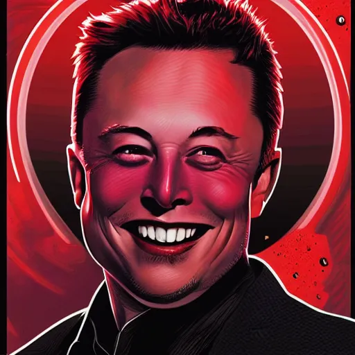 Image similar to movie poster of elon musk as a villain who looks at the planet mars with a macabre smile, his face is illuminated with a red light, drew struzan style