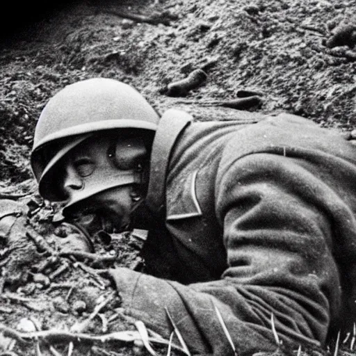 Prompt: a photo taken from a trench showing a nuclear explosion in the distance, a german soldier wearing a ww 2 stahlhelm is laying on the ground and looking at the explosion, realistic, taken on a ww 2 camera.