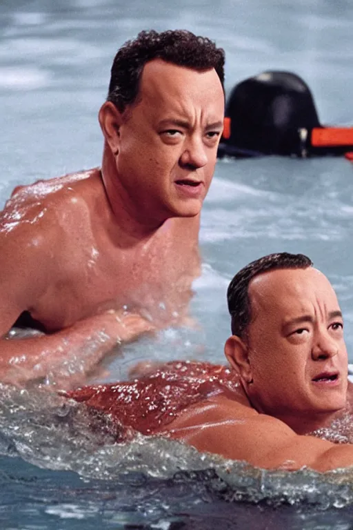 Prompt: tom hanks swimming in a pool of baked beans, realistic, moody grindhouse, dark