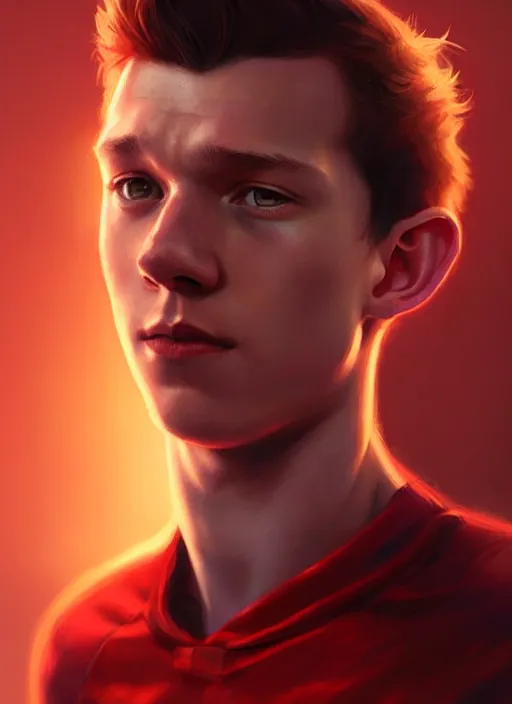 Image similar to portrait of tom holland with hazel eyes, hazel colored eyes, red shirt, intricate, elegant, glowing lights, highly detailed, digital painting, artstation, concept art, smooth, sharp focus, illustration, art by wlop, mars ravelo and greg rutkowski