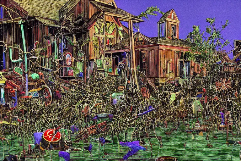 Image similar to scene fromlouisiana swamps, old protestant church with neon cross, junkyard by the road, boy scout troop, voodoo, artwork by jean giraud