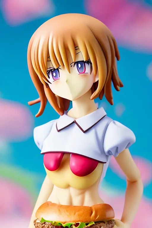 Prompt: figurine of hamburger wearing an elegant summer blouse, personification, official store photo, commercial photo, featured on amiami, lovecraftian, 8 k, 8 5 mm, beautiful composition