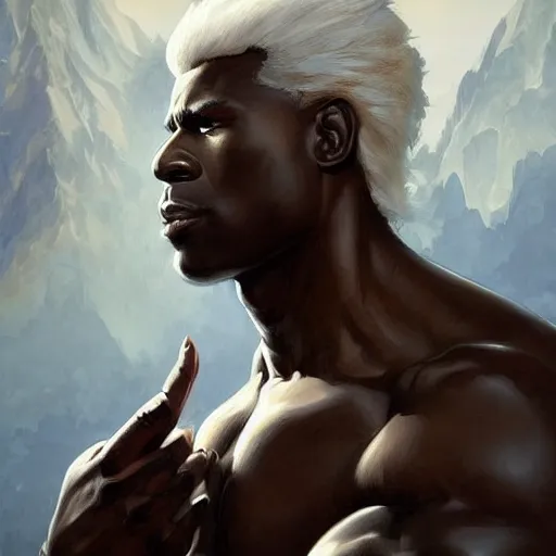 Image similar to wow! fanart, beautiful muscular black man with white hair and a protruding jaw, with visible pectoral muscles, d & d, high fantasy, detailed, digital art, artstation, smooth, sharp focus, art by artgerm, greg rutkowski, alphonse mucha