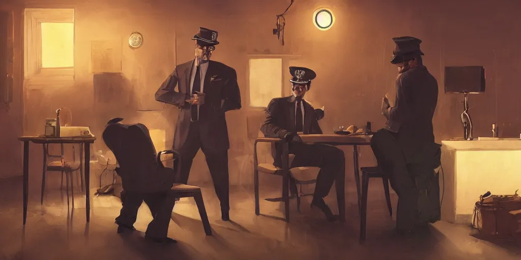 Prompt: tom the cat man in a suit is being interrogated by the officer jenkins the policeman cat in the interrogation room, zenith view, warm color palette, night time, dramatic lighting, noir film, fine details, high contrast, blacksad, juan diaz canales, juanjo guarnido, greg rutkowski, trending on artstation, 8 k, ultra wide angle