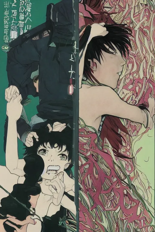 Prompt: professionally drawn shonen mature horror mystery action manga comic cover, beautifully drawn museum portrait coherent professional, drawn by ilya kuvshinov, gustav klimt, alphonse mucha and tsutomu nihei. text kanji hiragana on the cover. simplistic minimalist stylized cover art. pink & green & blue full color.