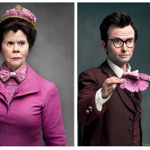 Prompt: david tennant and imelda staunton as dolores umbridge in pink clothes with the tenth doctor who, highly detailed, artstation, concept art, fantasy, smooth, sharp focus, illustration, perfect face, art by willem claesz. heda, nikolay makovsky, jacek malczewski, arthur hughes, edward okun, franz xaver winterhalter