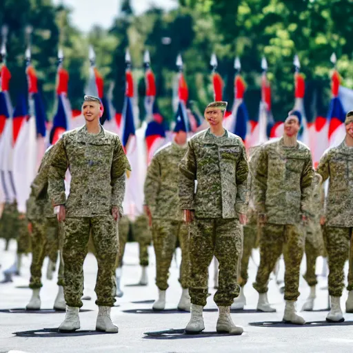 Image similar to a military parade doing goose steps while holding giant keyboards, 4 k photography