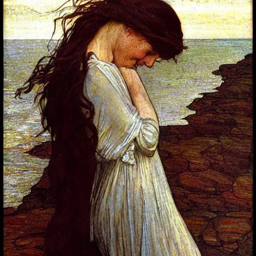 Prompt: wind kissed ( ( ( ( picture ) ) ) ), ashes, lament, by waterhouse, mucha