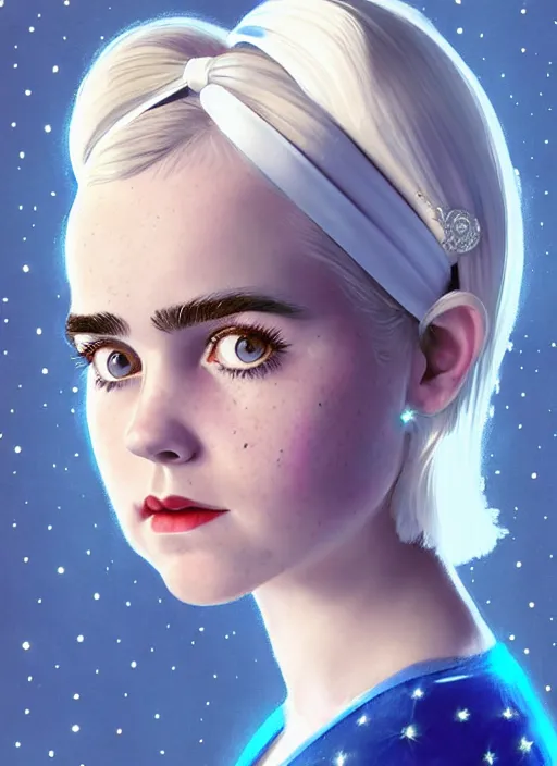 Image similar to portrait of kiernan shipka with freckles, white hair, big 1 9 6 0 s bob hairstyle with bangs and hairband, blue 1 9 6 0 s dress, intricate, elegant, glowing lights, highly detailed, digital painting, artstation, concept art, smooth, sharp focus, illustration, art by wlop, mars ravelo and greg rutkowski