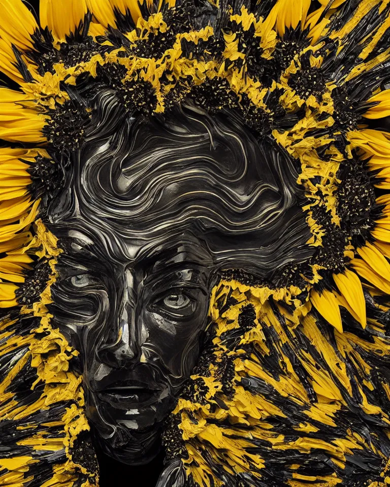 Image similar to symmetrical painting of a fractured black obsidian greek statue of a beauty, yellow topaz spikes sunflowers, lightblue drip acrylic paint, fixed with bronze kintsugi, rendered in octane trending on cgsociety. extremely detailed and intricate art, corruption, sleek