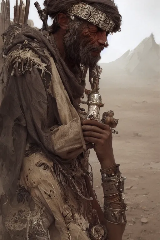 Image similar to a full body portrait of a beautiful post apocalyptic offworld desert bedouin blind retrofuturistic barbarian leper begging by the roadside, intricate, elegant, highly detailed, digital painting, artstation, concept art, smooth, sharp focus, illustration, art by krenz cushart and artem demura and alphonse mucha