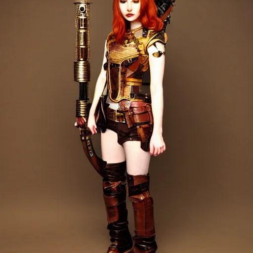 Image similar to full body photo of karen gillan as a steampunk amazon warrior