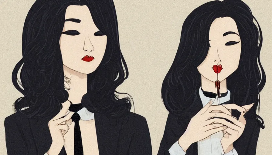 Image similar to a beautiful woman smoking, wearing a suit, street at night, asian, long black hair, illustration, wolp style