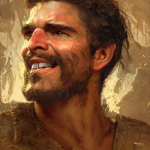 Prompt: a medieval hunter man from brazil, warm friendly expression, pine color scheme, fantasy character portrait by gaston bussiere, craig mullins, denis Sarazhin