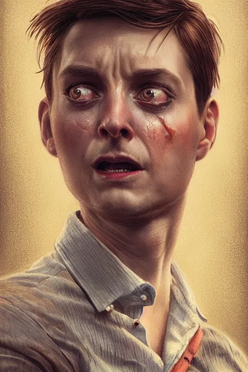 Prompt: a beautiful ultradetailed vintage photo of a toby maguire crying while playing spider man, by tom bagshaw and anna dittman, portrait, 2 4 mm lens, golden ratio composition, detailed face, studio photography, very detailed, humanoids, artstation, 8 k, highly coherent