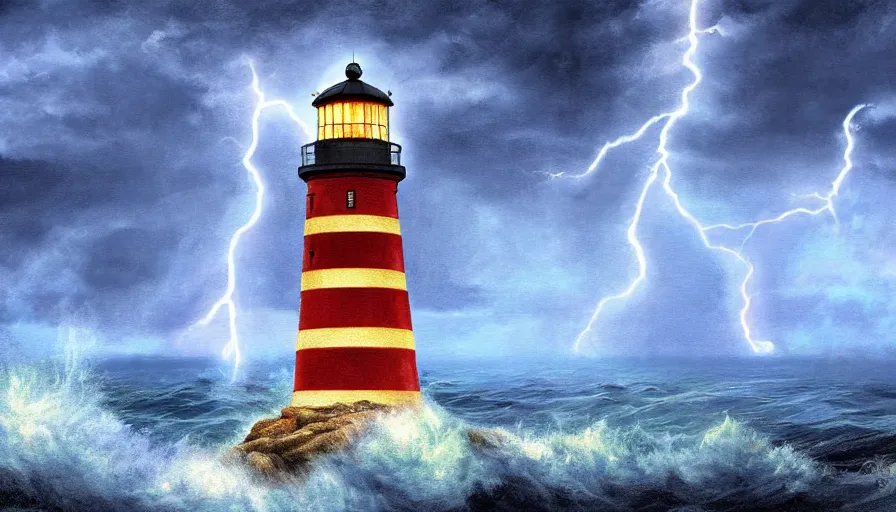 Image similar to a lighthouse being struck by lightning out at sea, digital art, highly detailed, realistic, bright colors, 8 k