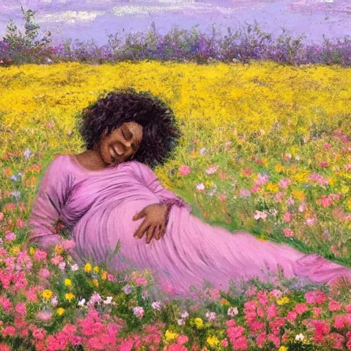 Image similar to pregnant black woman with curly hair in a vast field of flowers, laying down, a tiny black puppy running around, golden hour, vintage, impressionist painting, fine art, oil painting, dreamy, pastel, laughing, happy, intricate details, sharp, peaceful, serene