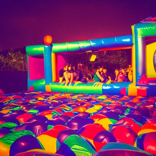 Prompt: photo of endless dimly lit liminal space made of bouncy castle