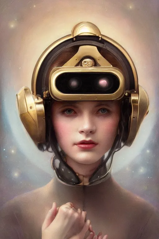 Image similar to a beautiful ultradetailed vintage photo of a woman wearing a futuristic vr helmet, by tom bagshaw and anna dittman, portrait, 2 4 mm lens, golden ratio composition, detailed face, studio photography, very detailed, humanoids, interconnected, artstation, 8 k, highly coherent