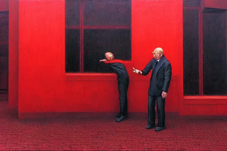 Image similar to only with red, a red old stylish man try to sell a portrait, crowd cheering, in a city square, in the style of beksinski, parts by edward hopper, parts by rodcenko, parts by yue minjun, intricate and epic composition, red by caravaggio, insanely quality, highly detailed, masterpiece, red light, artstation, 4 k