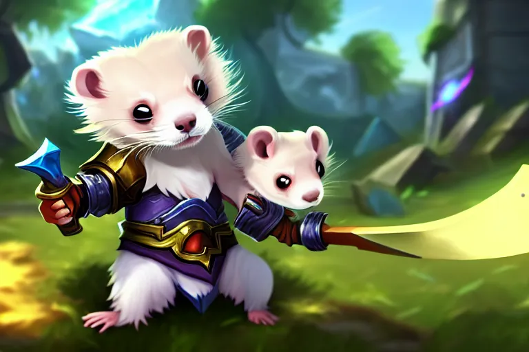 Prompt: a cute ferret boy furry with a sword and shield. league of legends splash art