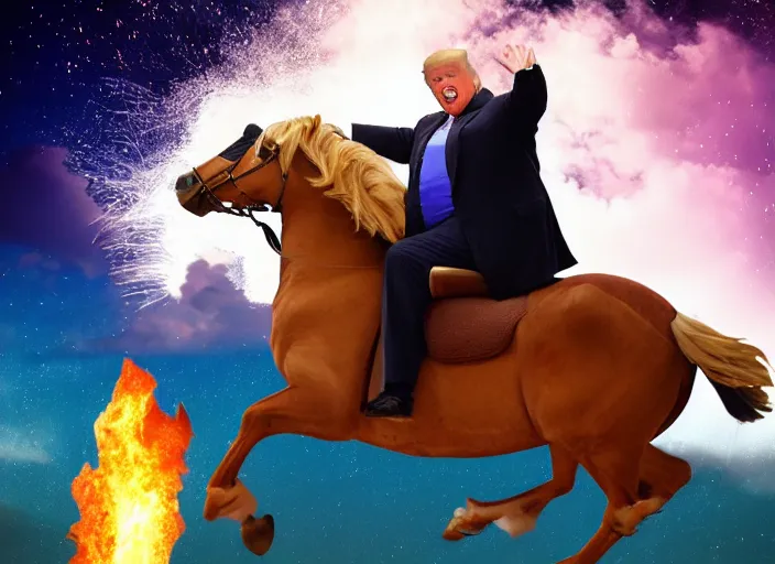 Image similar to obese donald trump riding a horse in the sky, lightning in background, shooting fireballs