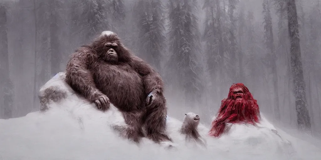 Image similar to the end is near. a tired yeti and bigfoot is sitting on his throne. face is highly detailed. splices of red are running down his toga. mist. color scheme red. low angle medium shot. rim light. imagined by jeremy lipking