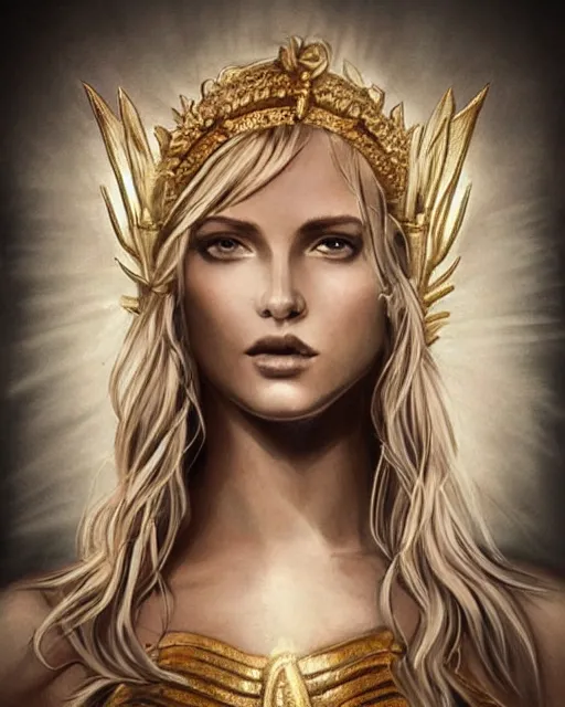 Image similar to tattoo design sketch of hot blonde super model as aphrodite greek goddess wearing a gold laurel wreath and triangle earrings, beautiful piercing gaze with sharp pupils, in the style of greg rutkowski, fantasy, amazing detail, epic, elegant, smooth, sharp focus, front view